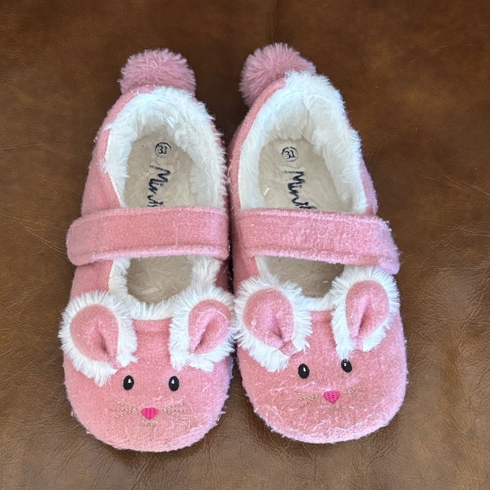 Mini Boden Pink Bunny Slippers with Pom Poms